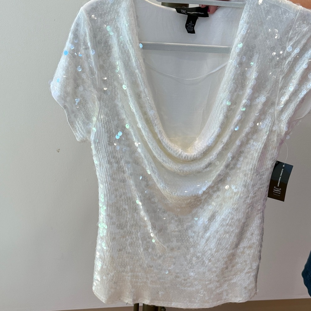 INC White Sequin Drape Neck Top